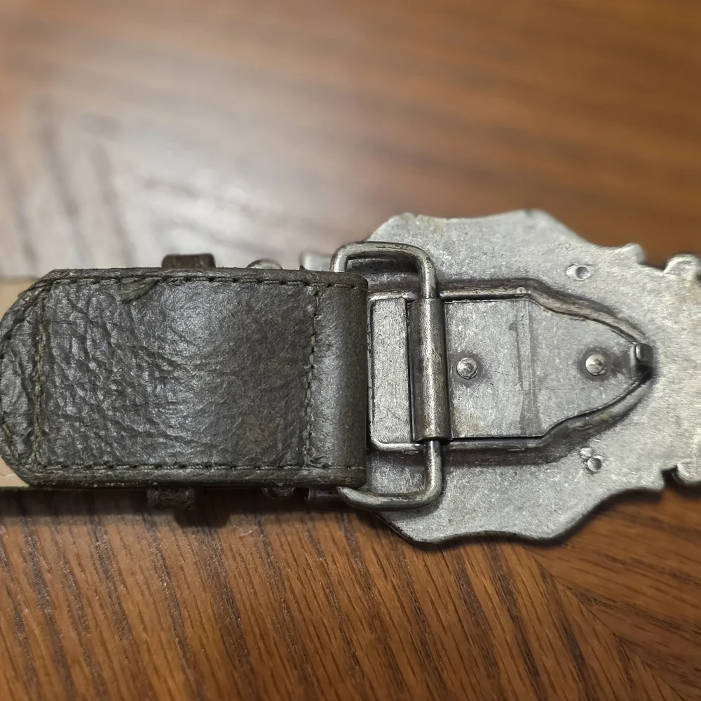 Vintage Elite Olive Green Leather Belt Embellished Buckle 35
